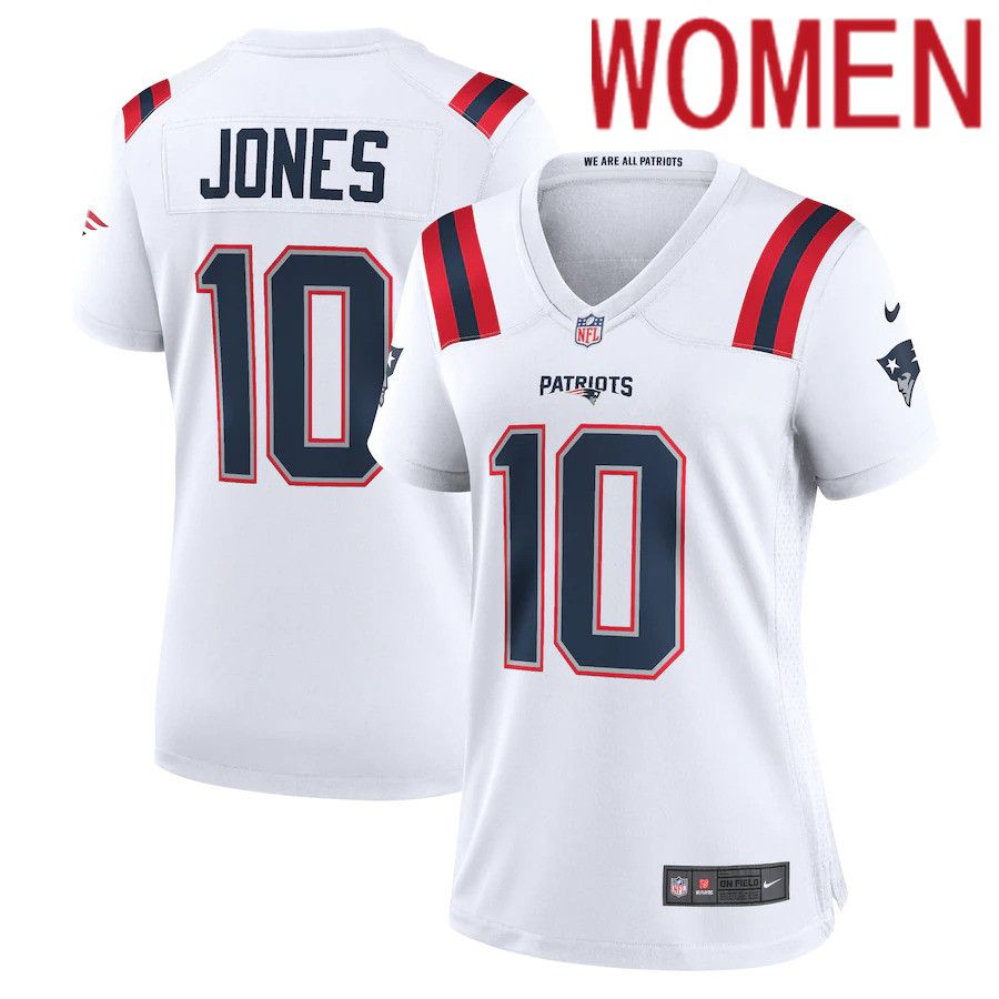 Women New England Patriots #10 Mac Jones Nike White Game NFL Jersey->women nfl jersey->Women Jersey